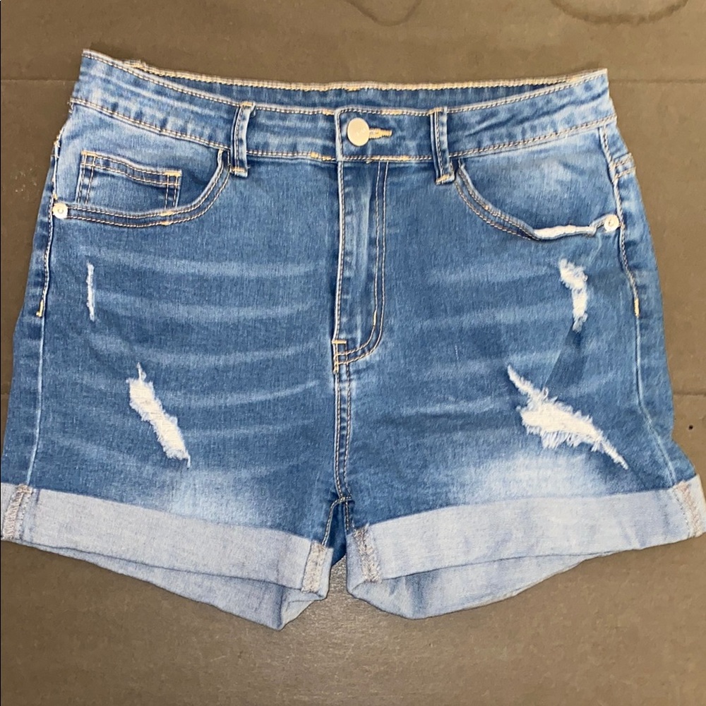 SHEIN Large Blue Distressed Jean Shorts with Cuffed Hem